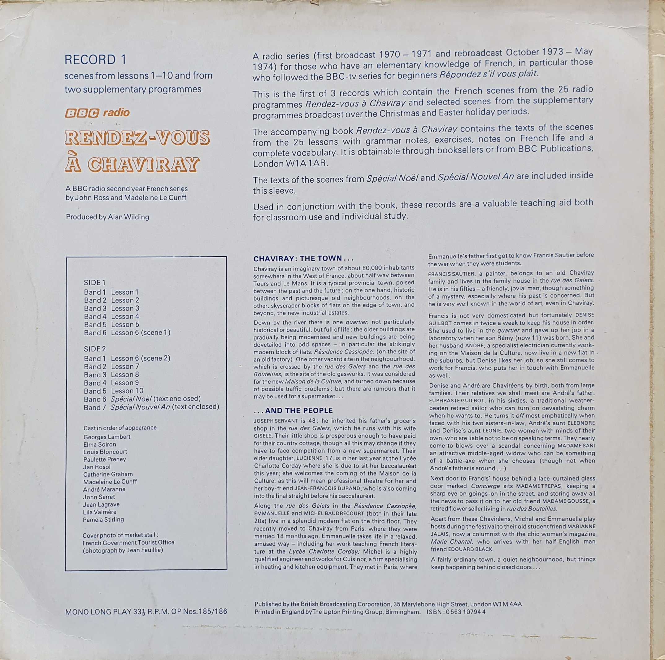 Picture of OP 185/186 Rendez-vous a Chaviray - BBC radio Second Year French - Record 1 - Lessons 1 - 10 by artist John Ross / Madeleine Le Cunff from the BBC records and Tapes library